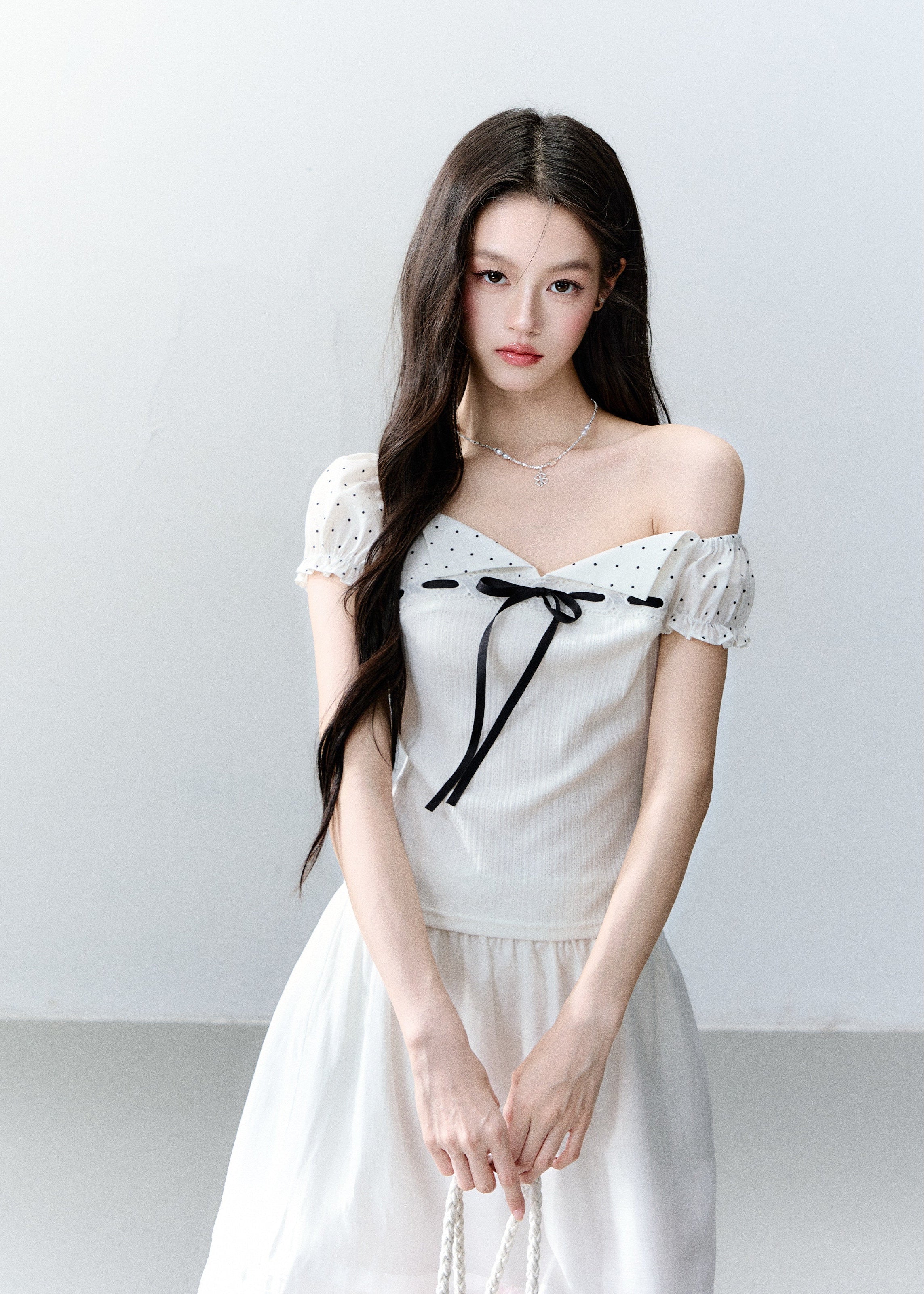 fragileheart top, square neck ribbon top, vintage korean top, off shoulder t-shirt, waist cinching top, polka dot sleeve top, feminine korean fashion, literary girl top, sweet ribbon tee, korean summer top, romantic fitted top, soft girl fashion