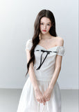 fragileheart top, square neck ribbon top, vintage korean top, off shoulder t-shirt, waist cinching top, polka dot sleeve top, feminine korean fashion, literary girl top, sweet ribbon tee, korean summer top, romantic fitted top, soft girl fashion