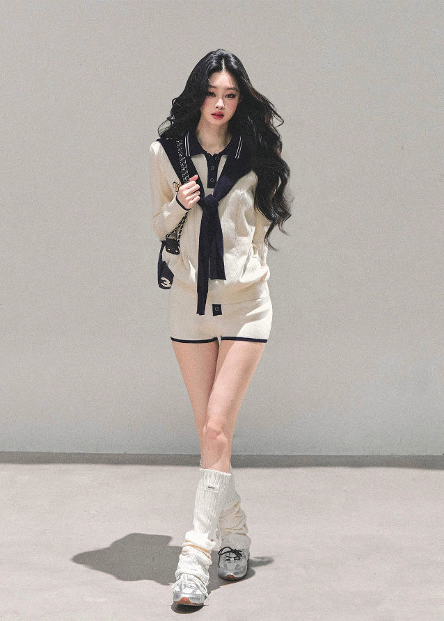 AOMALM knit set, AOMALM morning mist knit, Korean preppy knit outfit, cream navy knit two piece, varsity knit short set, autumn winter knit co ord, soft girl Korean fashion, long sleeve knit top and shorts, K fashion loungewear set, cozy college style outfit, feminine Korean knitwear, Seoul street preppy style, Korean knit shorts set, cute knit two piece for winter, soft knit polo top
