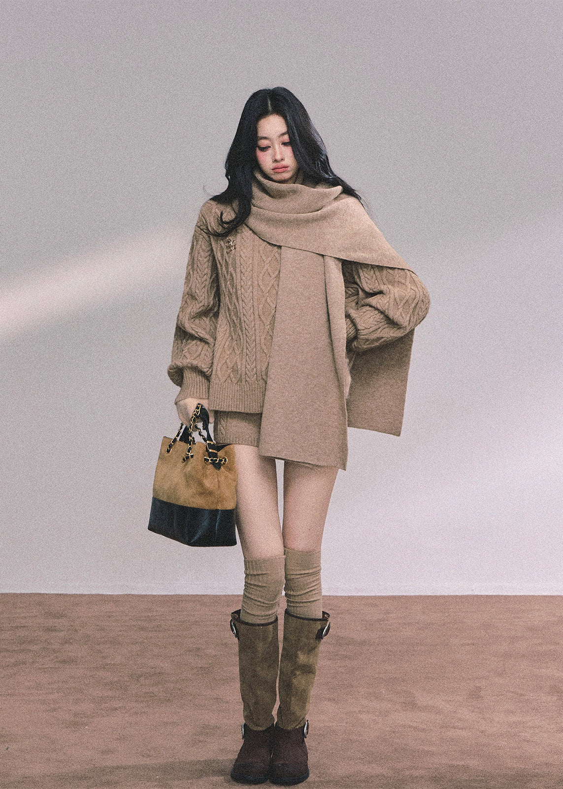 AOMALM knit set, Korean sweater set women, winter knit shorts set, college style knitwear, cable knit sweater women, feminine winter outfit, Korean cozy set, three piece knit set women, soft knit sweater winter, preppy Korean style outfit, winter lounge set women, scarf sweater set, cute winter knitwear, aesthetic Korean fashion, casual winter knit set