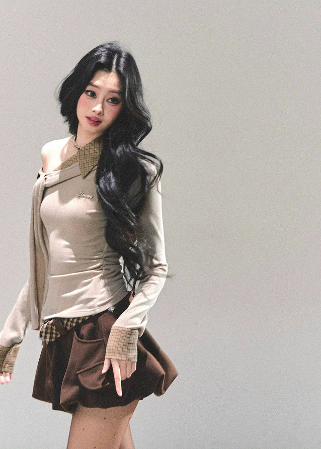 AOMALM top, Korean knit top, asymmetrical shoulder shirt, slanted shoulder knit, fake two-piece top, autumn winter women’s top, Korean fashion 2025, slimming knit shirt, asymmetric long sleeve top, feminine Korean style clothing, off-shoulder knit, layered look top, trendy knitwear women, soft knit t-shirt, daily Korean outfit, plaid contrast knit top, aesthetic knit top, elegant slim fit top, K-fashion tops women, winter stylish knit top, hot girl knit shirt