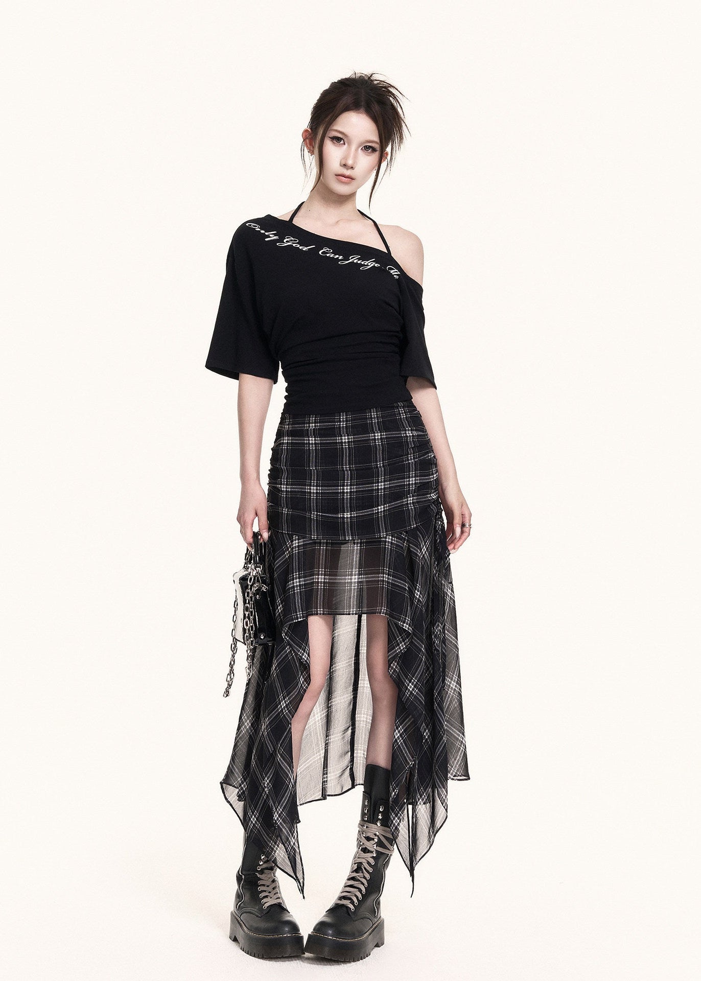 Black off-shoulder crop top with script print
