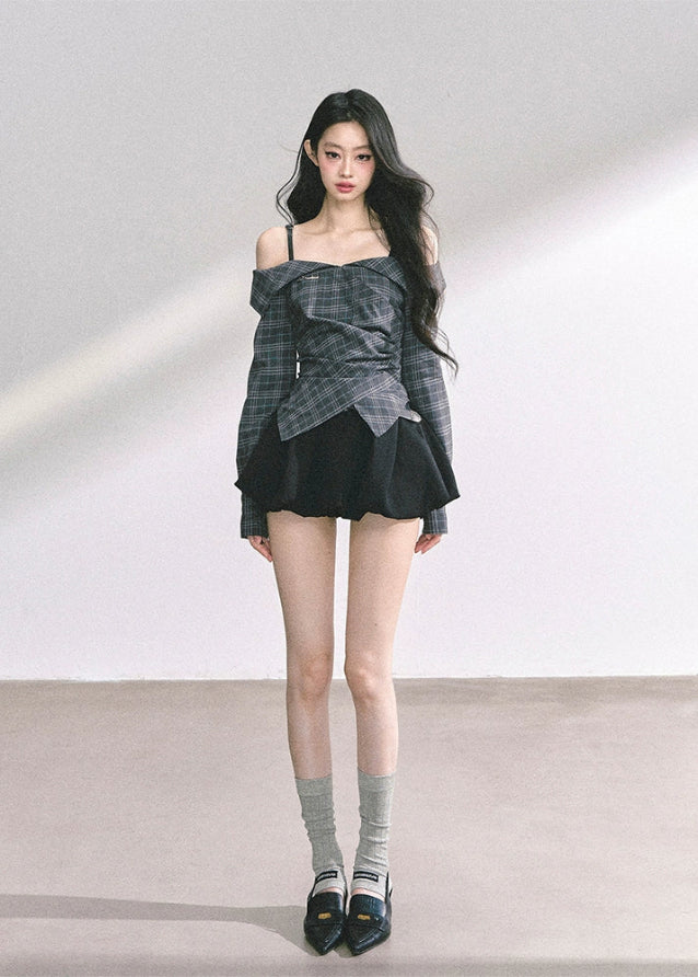 korean off shoulder long sleeve top, french drape blouse women, fake two piece asymmetrical top, korean autumn fashion top women, off shoulder plaid shirt top, elegant french style blouse, korean streetwear chic outfit, trendy korean top long sleeve, asymmetrical draped top women, hot girl fashion blouse korea, korean minimal chic outfit, seoul fashion top autumn, off shoulder slim fit shirt, korean preppy plaid shirt, london style korean top women