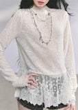 lace high neck top, ivory lace blouse, sheer lace peplum shirt, Korean lace aesthetic, French lace top, slim fit lace tee, hollow lace long sleeve, feminine lace blouse, elegant lace top women, autumn lace shirt, romantic lace fashion, soft girl lace top, Korean preppy lace style, delicate lace clothing, lace layering top
