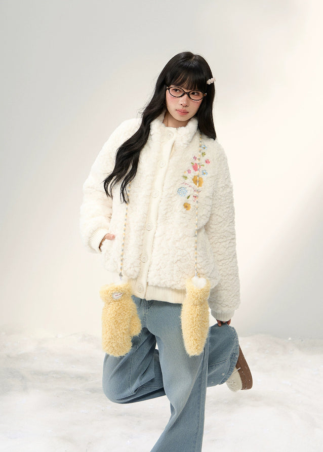 umoumo floral embroidery coat, embroidered fleece jacket women, korean cute fur jacket, stand collar fur coat, winter fuzzy jacket women, feminine korean style outerwear, soft warm sherpa coat, knitted panel embroidery jacket, kawaii winter coat, cozy floral fur jacket, pastel korean jacket, winter fashion 2025 women
