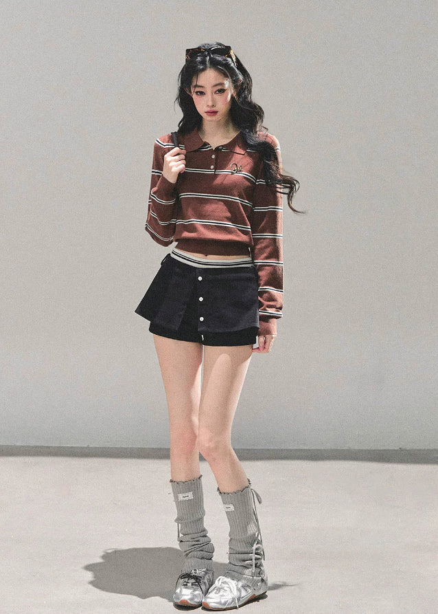 striped knit top, cropped polo shirt, vintage striped sweater, Korean fashion knit, AOMALM polo top, fall knitwear women, slimming crop top, long sleeve polo, American retro knit, Korean style tops, autumn fashion women, preppy knit top, waist-slimming shirt, striped crop fashion, aesthetic polo top, soft knit sweater, cute Korean outfit, polo collar knit, trendy fall tops, slim fit long sleeve top.