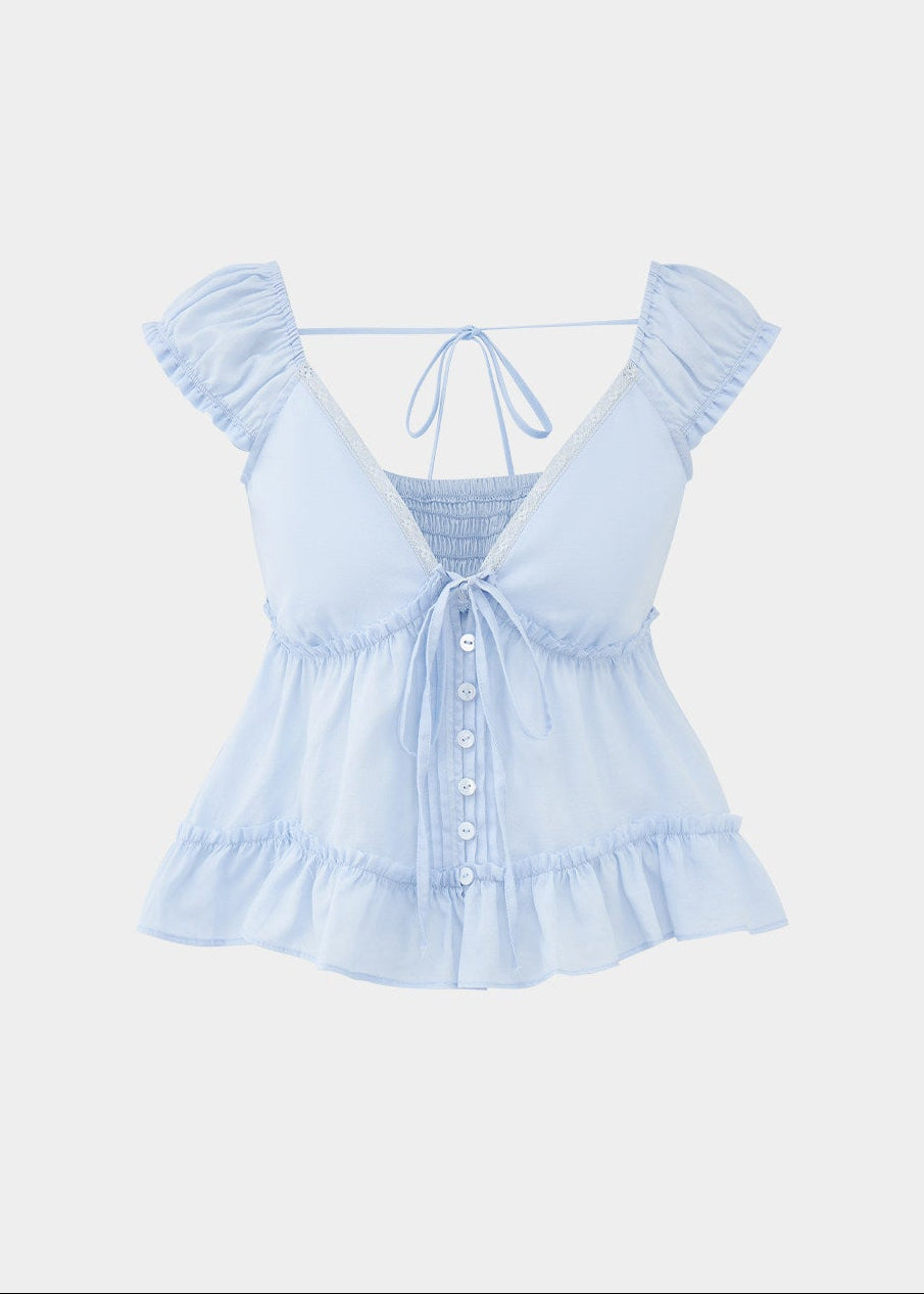 lace v neck top, summer lace top, tie front blouse, Korean feminine top, French sweet top, ruffle hem top, floral sleeve blouse, peplum summer top, romantic white top, vacation summer blouse, first love style top, feminine Korean fashion, lyocell cotton linen top, soft summer blouse, café date outfit