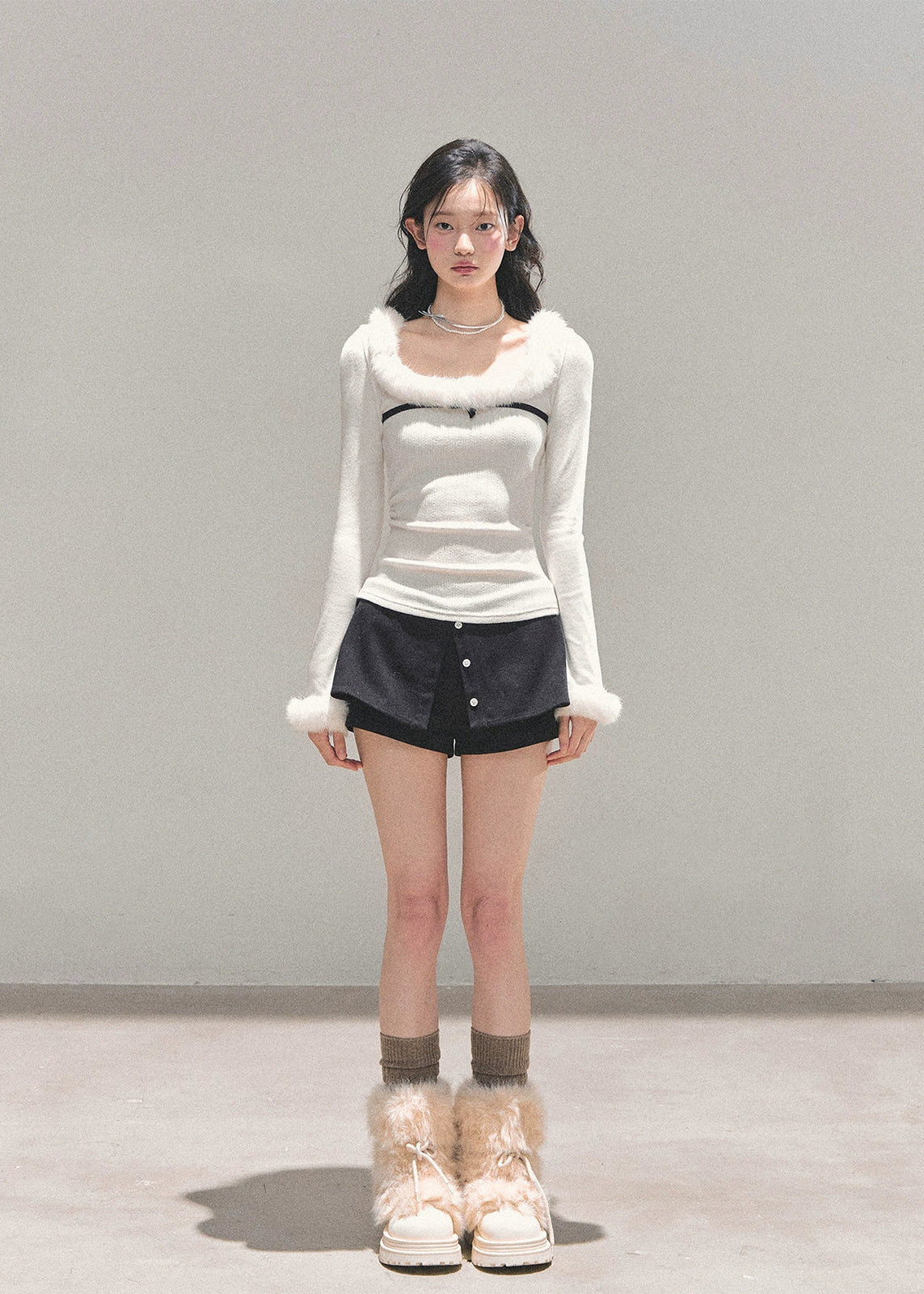 Korean knit top, winter fuzzy trim sweater, faux fur neckline top, soft girl aesthetic clothing, warm winter knitwear, elegant feminine top, scoop neck fur sweater, AOMALM winter collection, soft knit base layer, cozy Korean fashion, romantic winter outfit, long sleeve fur trim shirt, warm cute sweater womens, holiday knit top, Korean winter style 2025, soft touch knitwear, winter layering tops, white fuzzy sweater womens.