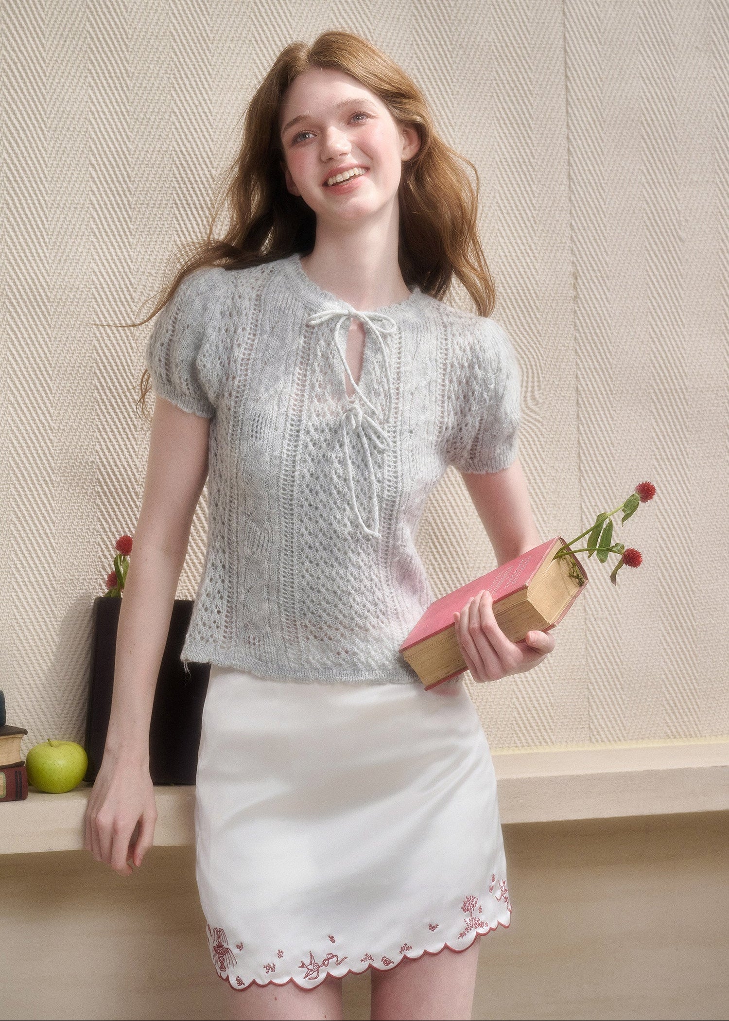 Soft ribbon tie sweater in cream white