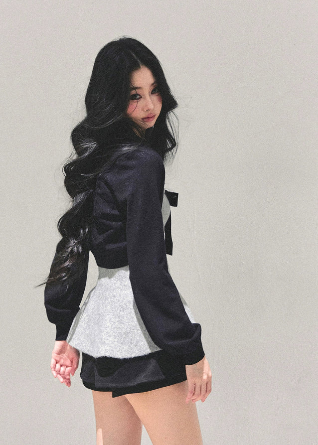 AOMALM top, French princess top, bow bustier vest, peplum vest top, knit bolero set, Korean feminine outfit, autumn winter top set, layered two-piece top, elegant ribbon top, princess style fashion, Korean winter fashion, peplum silhouette top, feminine streetwear, chic knit shawl, bow detail vest, trendy Korean tops, winter layering tops, romantic French outfit, stylish two-piece women, soft knit bolero, AOMALM new collection