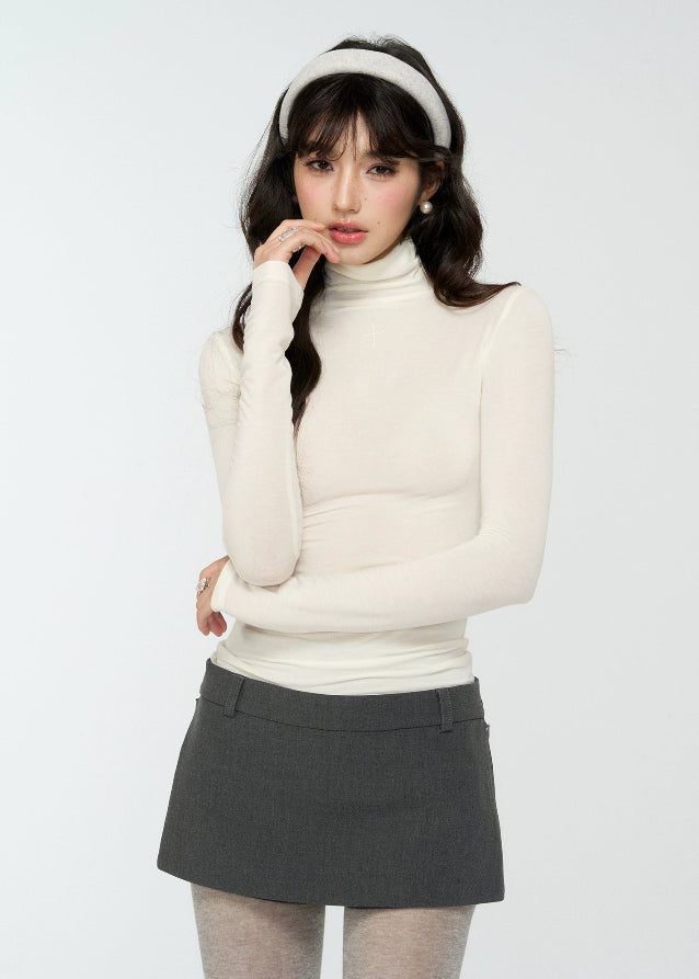 4muggle, lyocell wool turtleneck, slim fit high neck top, thermal base layer, women’s winter knit top, brown turtleneck shirt, supermodel silhouette top, stretchy soft knit, Korean style top, autumn winter layering, hot diamond detail top, second skin fit, chic stylish basics, warm long sleeve top