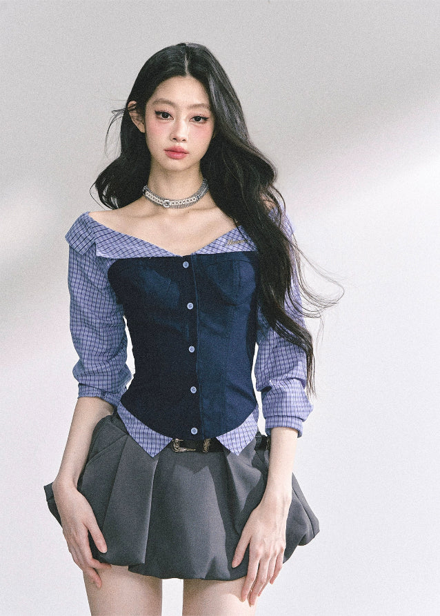 off shoulder corset top, fake two piece top, women’s bustier shirt, korean off shoulder blouse, korean american fashion top, summer corset blouse, slimming waist top, plaid corset shirt, girl group style top, kpop inspired top, trendy streetwear women, off shoulder long sleeve top, sculpted waist blouse, sexy summer top women, stylish two tone top
