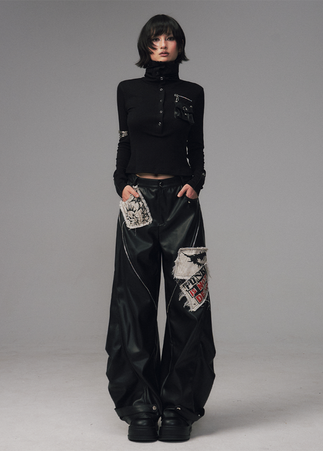 punk leather pants women, grunge patchwork trousers, raw edge leather cargo pants, frustration garden pants, heavy zip punk pants, gothic streetwear leather trousers, rivet wide leg pants, industrial punk pants women, destroyed patch leather pants, edgy black wide leg pants
