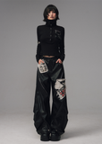 punk leather pants women, grunge patchwork trousers, raw edge leather cargo pants, frustration garden pants, heavy zip punk pants, gothic streetwear leather trousers, rivet wide leg pants, industrial punk pants women, destroyed patch leather pants, edgy black wide leg pants
