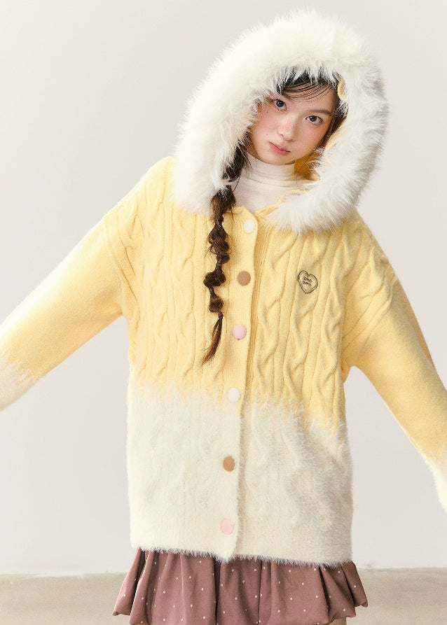 pastel fur collar cardigan, fluffy collar knit jacket, gradient cable knit cardigan, Korean girly winter style, AW cozy knitwear, high-gram thick knit, umoumo pastel cardigan, soft glutinous knit texture, warm fluffy sweater, Korean cute outfit, feminine winter knit coat, pastel pink knit, pastel yellow knit, soft cozy winter fashion, Fragileheart aesthetic, cute cable knit jacket, faux fur hood cardigan, girly Korean pastel look, warm thick winter cardigan