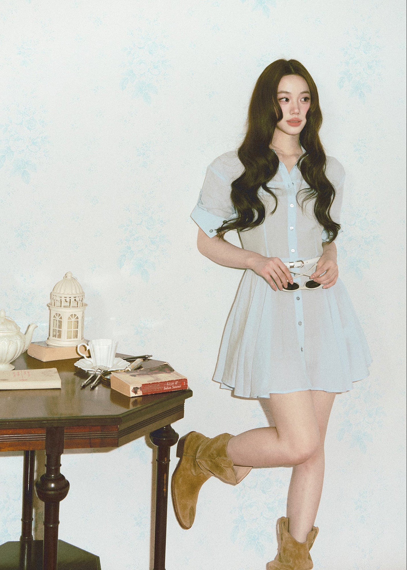 belted shirt dress, French shirt dress, lyocell linen dress, A-line mini dress, feminine Korean dress, button front dress, summer shirt dress, light blue dress, white shirt dress, waist cinching dress, elegant casual dress, vacation dress women, café date dress, soft summer dress, Korean feminine fashion