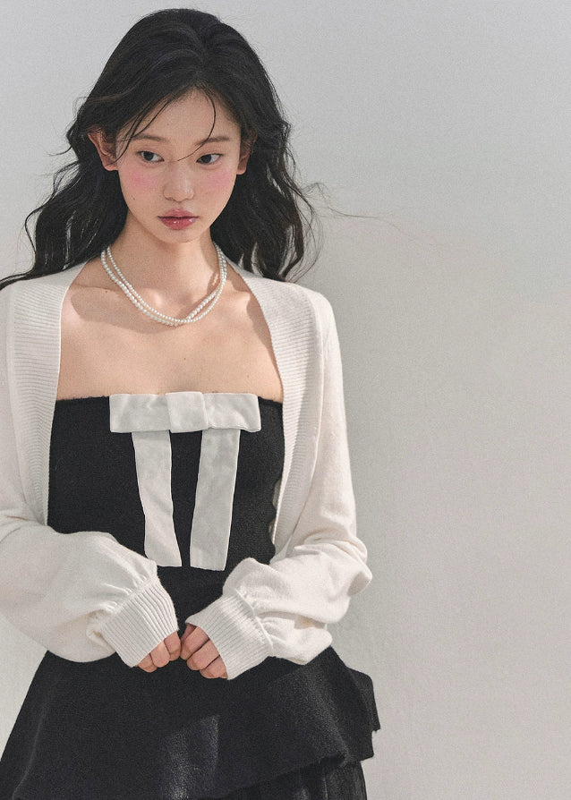 AOMALM top, French princess top, bow bustier vest, peplum vest top, knit bolero set, Korean feminine outfit, autumn winter top set, layered two-piece top, elegant ribbon top, princess style fashion, Korean winter fashion, peplum silhouette top, feminine streetwear, chic knit shawl, bow detail vest, trendy Korean tops, winter layering tops, romantic French outfit, stylish two-piece women, soft knit bolero, AOMALM new collection