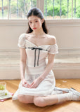 fragileheart top, square neck ribbon top, vintage korean top, off shoulder t-shirt, waist cinching top, polka dot sleeve top, feminine korean fashion, literary girl top, sweet ribbon tee, korean summer top, romantic fitted top, soft girl fashion