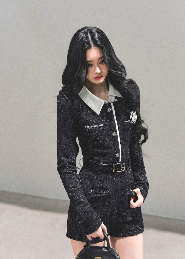 silent echo jumpsuit, AOMALM jumpsuit, Korean style romper, glitter one-piece suit, feminine jumpsuit, small fragrance style romper, winter Korean fashion, chic black jumpsuit women, short tweed jumpsuit, K-fashion outfits 2025