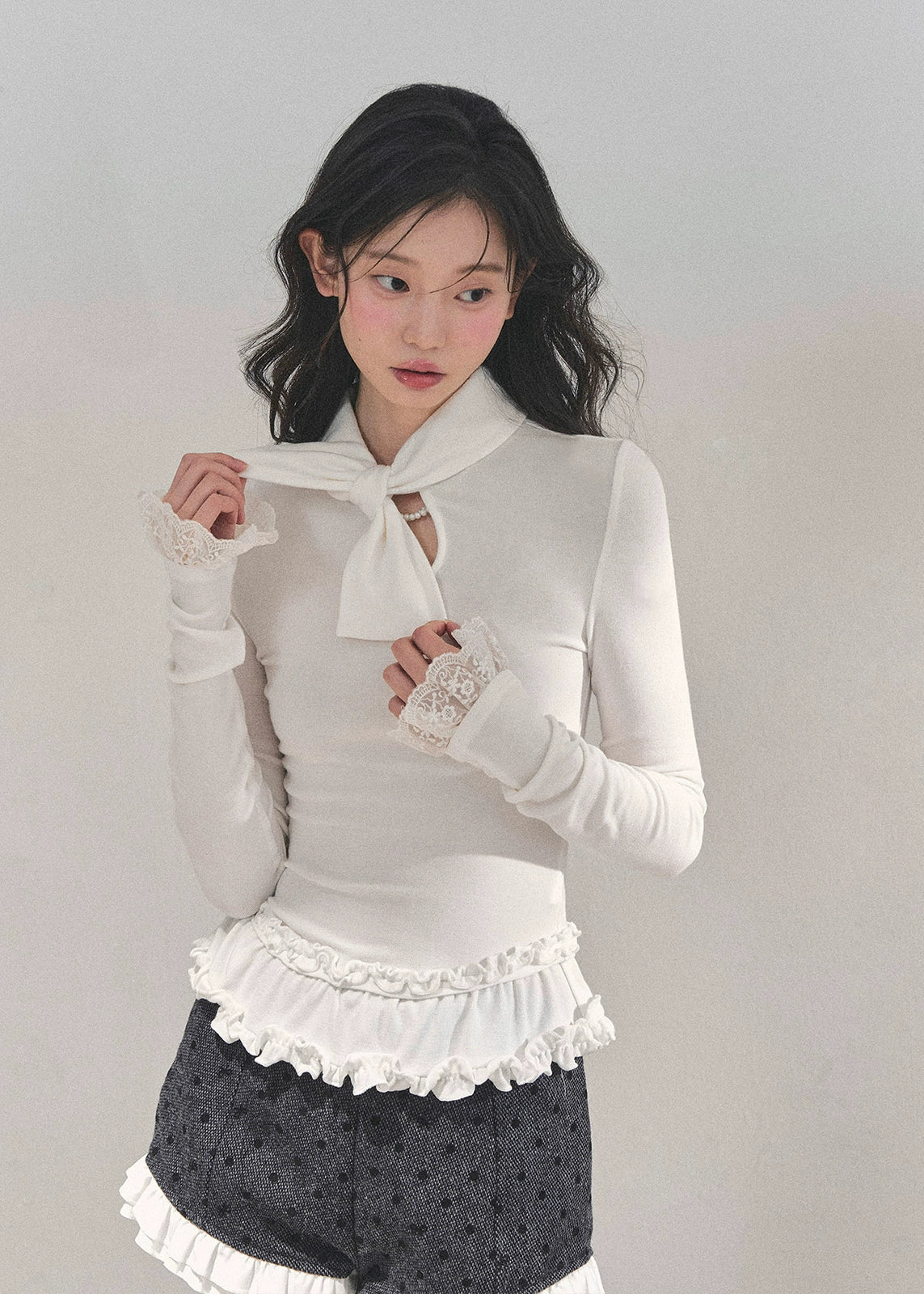 Korean wool suit set, feminine winter outfit, polka dot wool jacket, lace trim shorts set, Korean girly fashion, AOMALM suit set, soft feminine aesthetic, Korean winter clothing, cute wool two-piece, winter date outfit women, lace detail jacket, Korean street style winter, sweet girl fashion, polka dot tweed set, elegant wool short suit, Korean chic outfit, winter feminine suit set, lace trimmed wool jacket