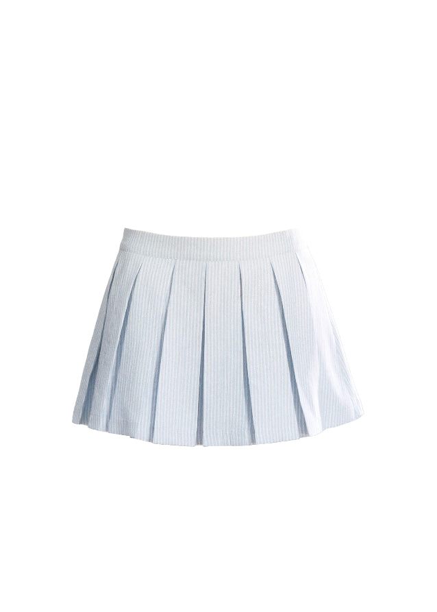 Fragileheart layered set, blue striped pleated skirt, luxury Korean fashion, preppy K-fashion outfit, faux two-piece knit top, quiet luxury womenswear, pastel noir aesthetic, elegant school style, 2025 autumn collection, modern feminine outfit, soft grey sweatshirt set, chic Korean look, academic romantic fashion, delicate layered design
