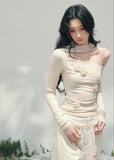 AOMALM lace top, off shoulder floral top, French romantic blouse, Korean feminine fashion, spring cropped lace top, asymmetric shoulder knit, rose appliqué top, quiet luxury womenswear, elegant fitted spring top, sheer texture fashion, waist defining blouse, Parisian inspired fashion top, soft romantic silhouette, three dimensional flower lace shirt, luxury Korean designer style, refined spring layering piece, feminine minimalist top, delicate floral blouse women, romantic cropped knit top, French Korean ae