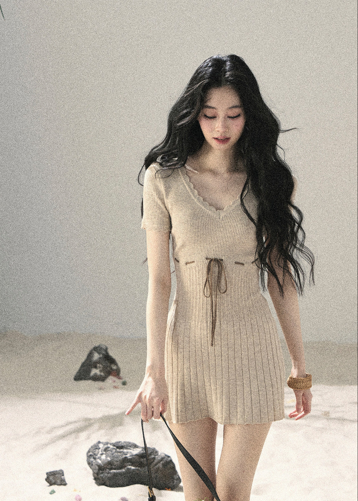aomalm dress, ribbed knit mini dress, french lace knit dress, beige summer dress, korean feminine dress, waist tie mini dress, lace trim dress, short sleeve knit dress, slim summer dress, romantic knit dress, feminine korean fashion, soft beige mini dress