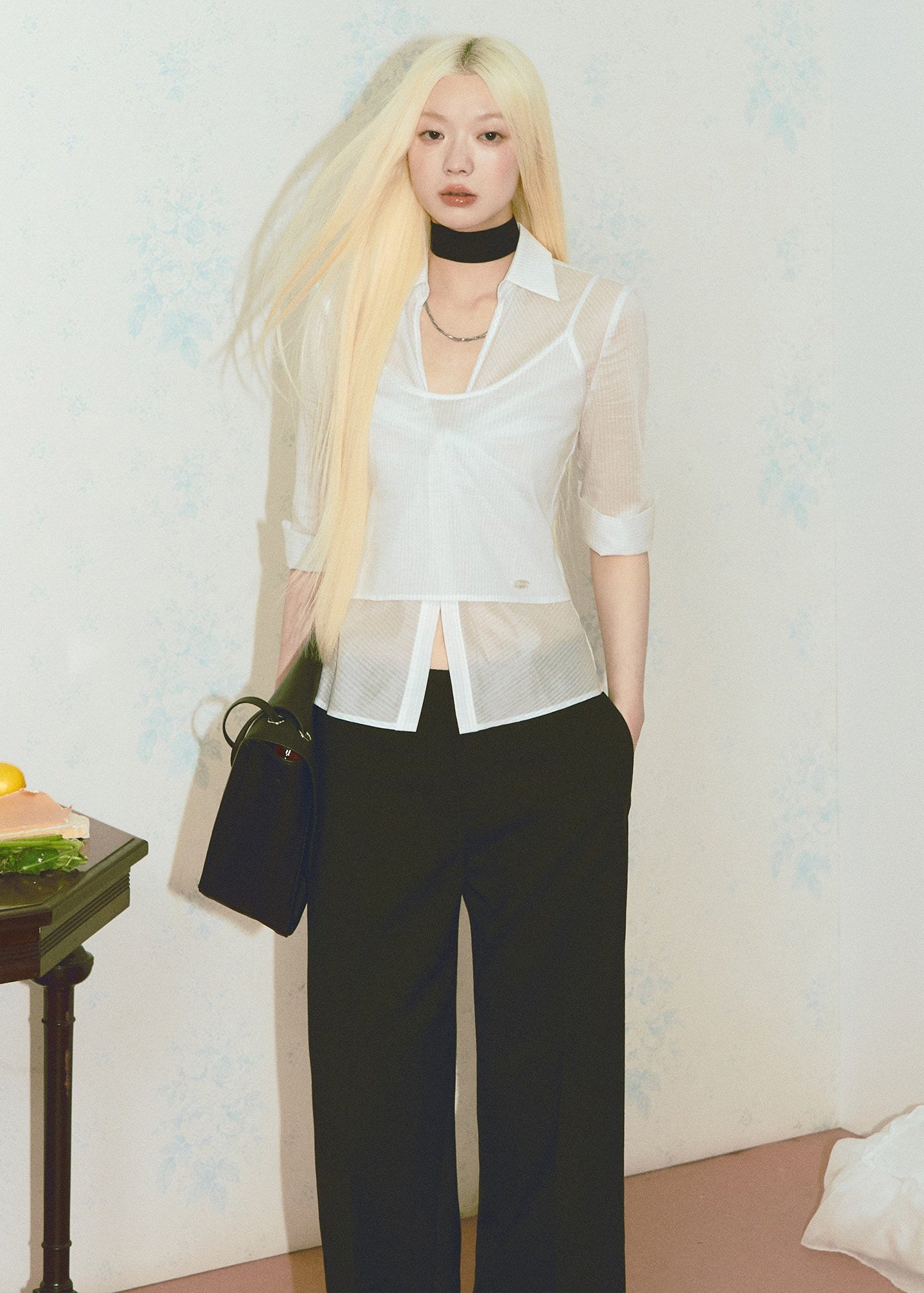 sheer shirt set, camisole shirt set, Korean feminine top, French sheer top, white layered top, striped sheer blouse, two piece summer top, collared sheer shirt, camisole strap top, pure desire top, feminine Korean fashion, lightweight cotton blend top, summer layering blouse, soft white blouse set, vacation outfit top