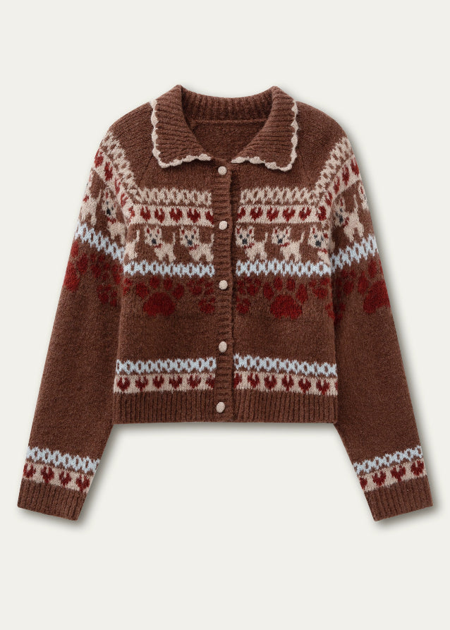 SunsetPark knit set, puppy fair isle sweater, vintage preppy knit outfit, cute winter knit set, Korean girly knitwear, warm cozy knit two piece, fair isle dog pattern sweater, puppy pattern cardigan and skirt, AW preppy knit style, feminine winter clothing, soft warm knit outfit, cute college girl knit set, brown fair isle knit, ivory fair isle knit