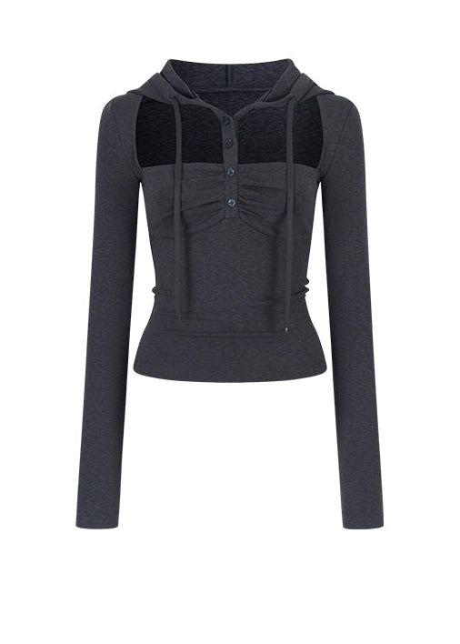 VIAPITTI cut out top, hooded cutout long sleeve, streetwear slim fit top, edgy hot girl top, deconstructed neckline shirt, Y2K hood strap top, Korean street style cutout tee, early autumn slim top women, dark aesthetic long sleeve top, grunge inspired cut out shirt
