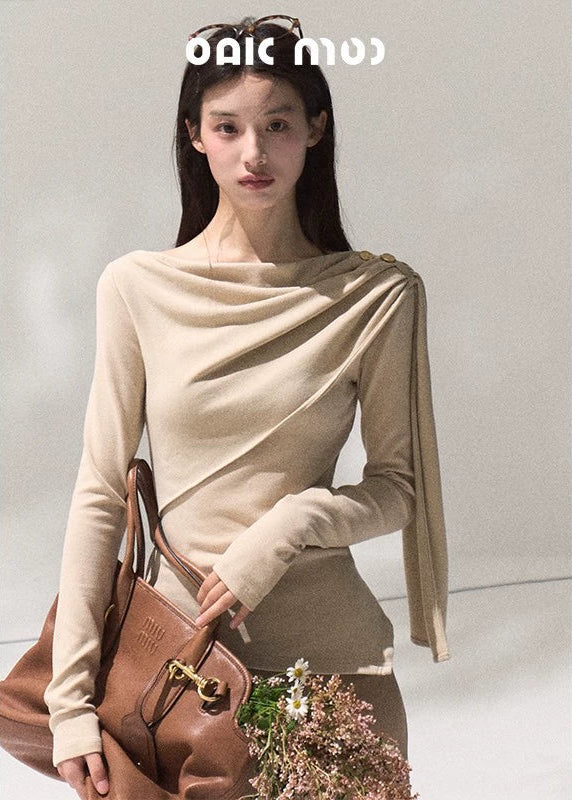 OAKMOO knit top, draped wrap knit shirt, sculptural neckline top, black slim long sleeve women, Korean designer knitwear, winter soft base layer, artistic drape top, quiet luxury knit shirt, minimal wrap top