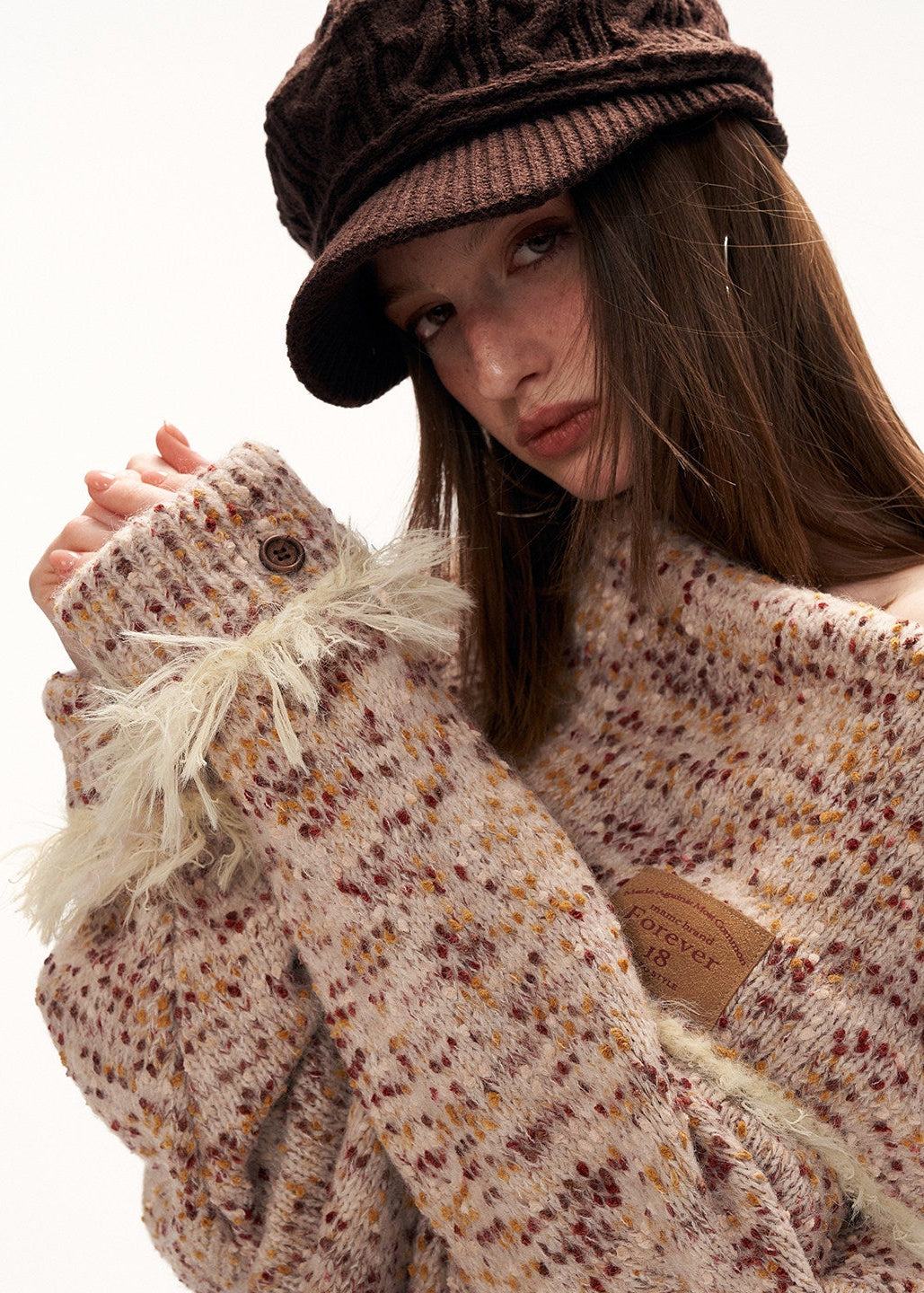 mixed grain sweater women, slanted neck knit top, y2k loose sweater, fleece knit jacket women, high neck sweater women, lazy fit knitwear, street style sweater women, autumn winter knit top, cozy oversized sweater, trendy knit jacket women, mamc sweater style, relaxed fit fleece knit, casual street knitwear, fashion long sleeve sweater, y2k streetwear knit