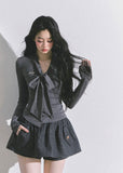 bow tie long sleeve top, ribbon collar shirt, slim fit knit top women, Korean bow top, French elegant bow blouse, waist slimming T-shirt, fall fashion ribbon top, fitted long sleeve tee, Korean American style top, trendy bow detail shirt, high waist slim top women
