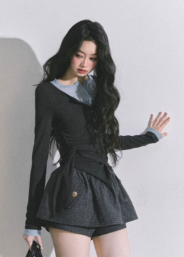 layered long sleeve top, fake two piece shirt, double layer tee, Korean fashion top, Korean-American street style, fitted long sleeve shirt, waist slimming top, hot girl aesthetic top, two tone collar top, casual layered tee, slim fit autumn top, trendy Korean tops for women, schoolgirl style top, aesthetic streetwear top, fall fashion womens tops, Y2K layered style, chic long sleeve shirt, boutique fashion tops, modern layered knit top
