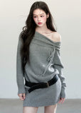 Fragileheart knit dress, off-shoulder wool dress, luxury Korean fashion, quiet luxury womenswear, grey sweater dress, pastel noir aesthetic, autumn knit outfit, elegant minimalist style, K-fashion 2025, refined feminine silhouette, soft draped neckline dress, cozy chic outfit, modern Korean fashion, sophisticated knitwear dress
