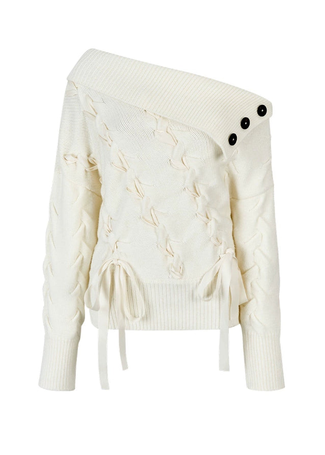 VIAPITTI one shoulder knit, cross webbing sweater, cable loose sweater, edgy Korean fashion, fall winter knit top, asymmetrical knitwear women, industrial street style, off shoulder cable knit, soft grunge sweater, K-fashion 2025, textured knit top, urban chic knitwear
