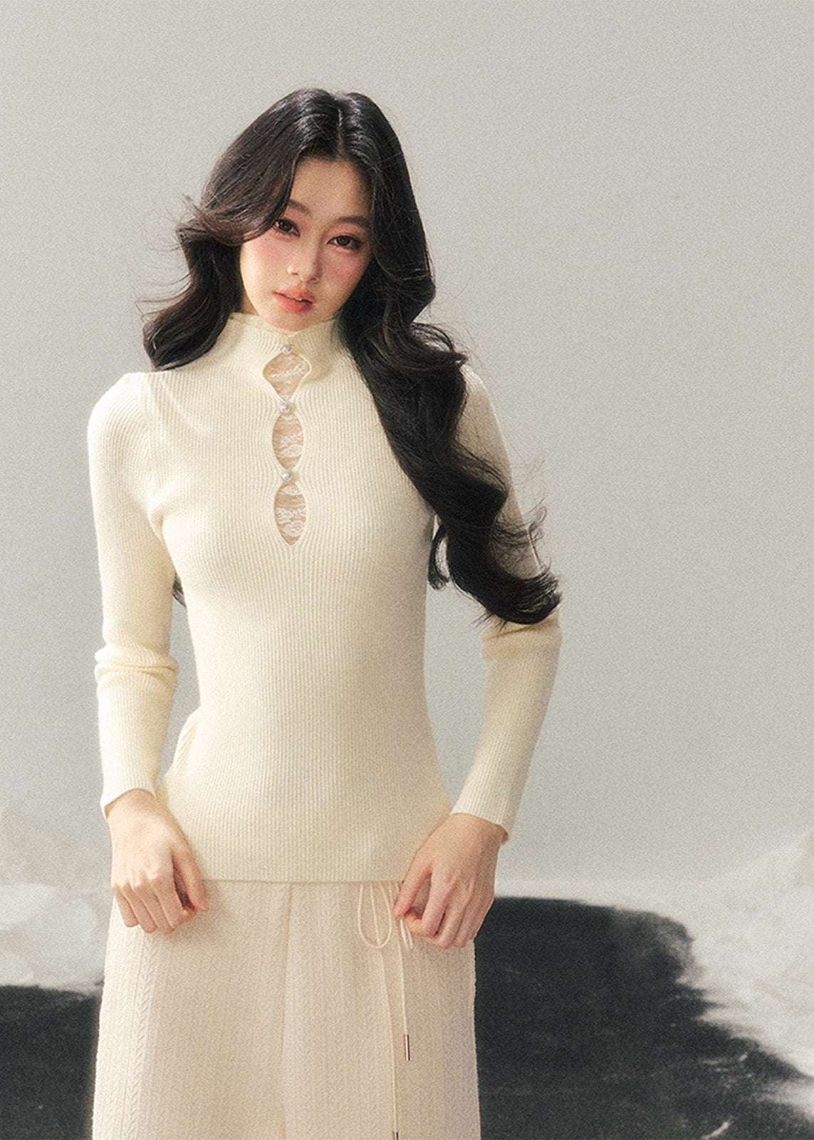 lace mock neck knit top, winter base layer women, faux layered knit top, korean minimal knitwear, elegant lace inner top, slim fit knit women, refined turtleneck top, soft winter knit top, feminine layering piece, premium women knit, aomalm knit style, understated luxury top, modern women basics, lace detail knit top, versatile winter inner top