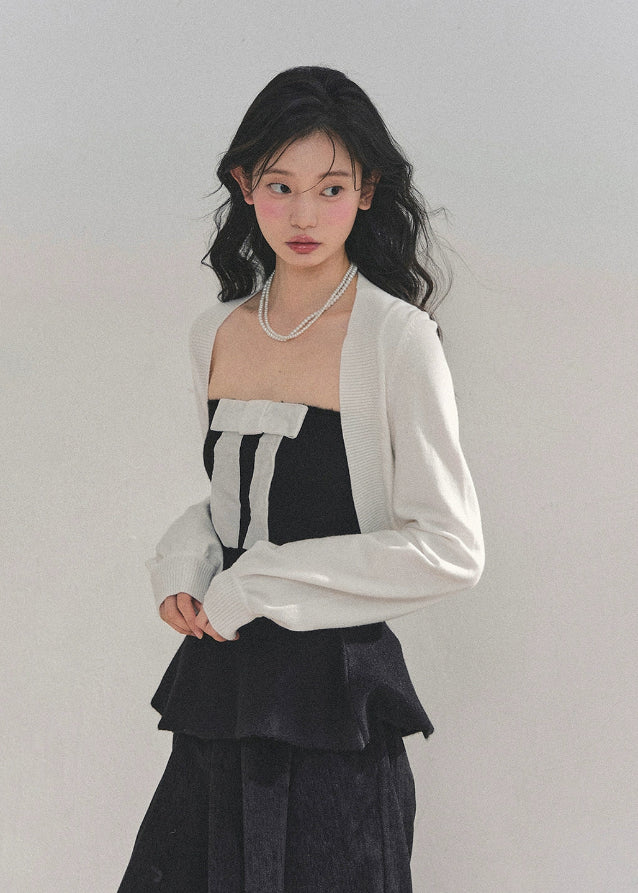 AOMALM top, French princess top, bow bustier vest, peplum vest top, knit bolero set, Korean feminine outfit, autumn winter top set, layered two-piece top, elegant ribbon top, princess style fashion, Korean winter fashion, peplum silhouette top, feminine streetwear, chic knit shawl, bow detail vest, trendy Korean tops, winter layering tops, romantic French outfit, stylish two-piece women, soft knit bolero, AOMALM new collection