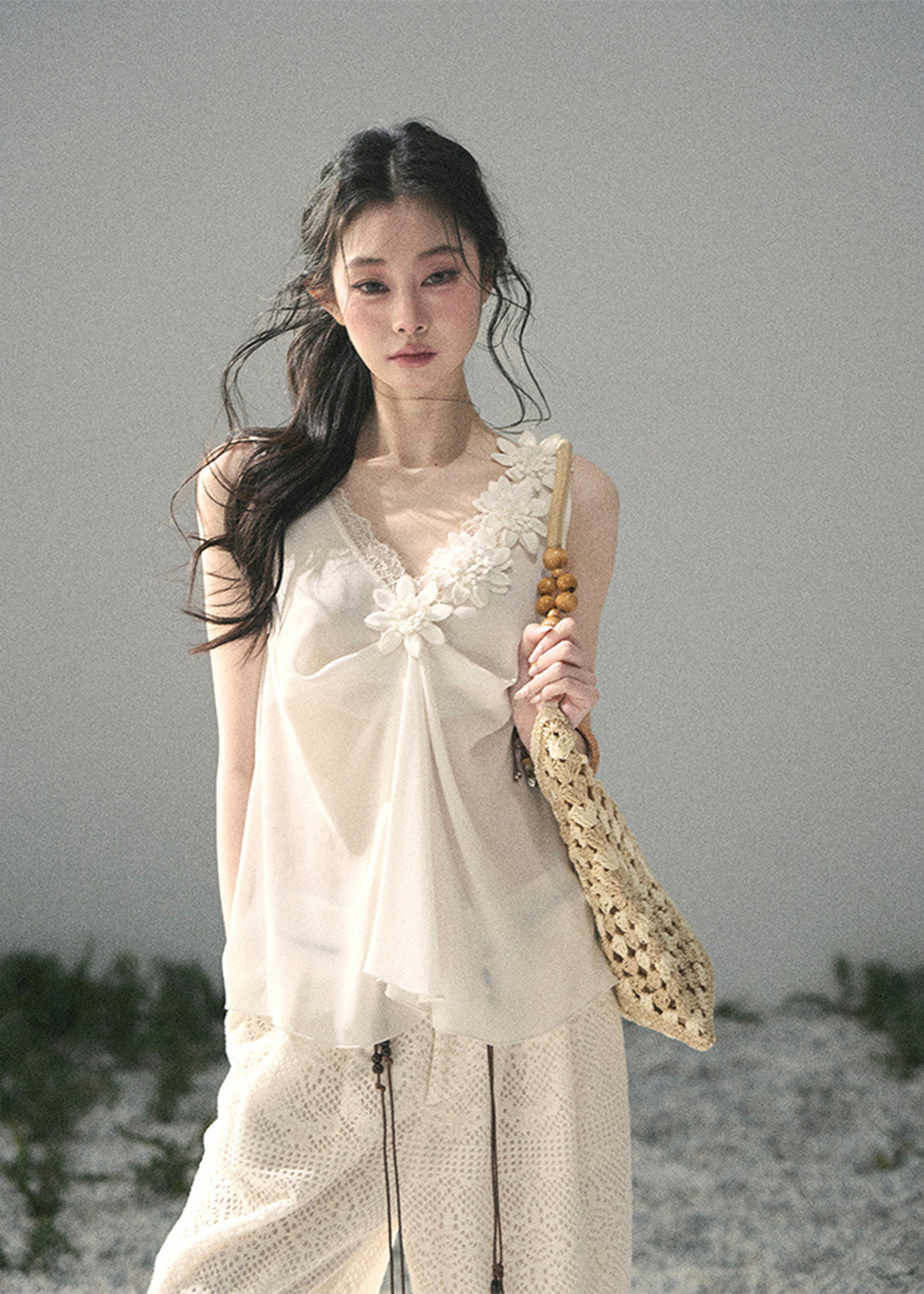 aomalm top, 3d flower top, french romantic blouse, feminine korean top, chiffon summer top, sheer lace top women, elegant sleeveless blouse, soft ivory top, summer vacation top, refined feminine outfit, korean fashion blouse, lightweight summer blouse