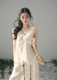 aomalm top, 3d flower top, french romantic blouse, feminine korean top, chiffon summer top, sheer lace top women, elegant sleeveless blouse, soft ivory top, summer vacation top, refined feminine outfit, korean fashion blouse, lightweight summer blouse