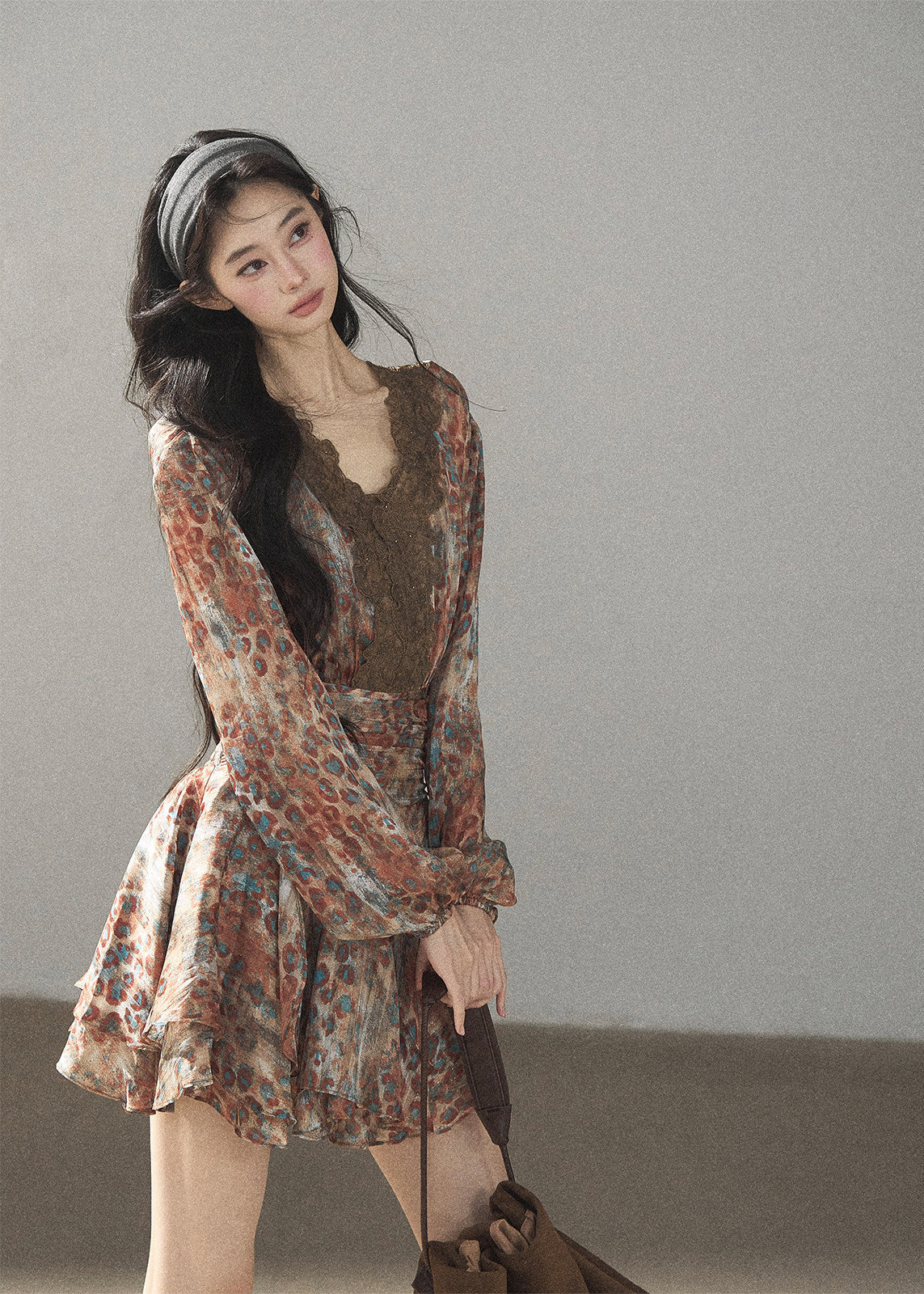 Floral chiffon mini dress with lace V-neck detail