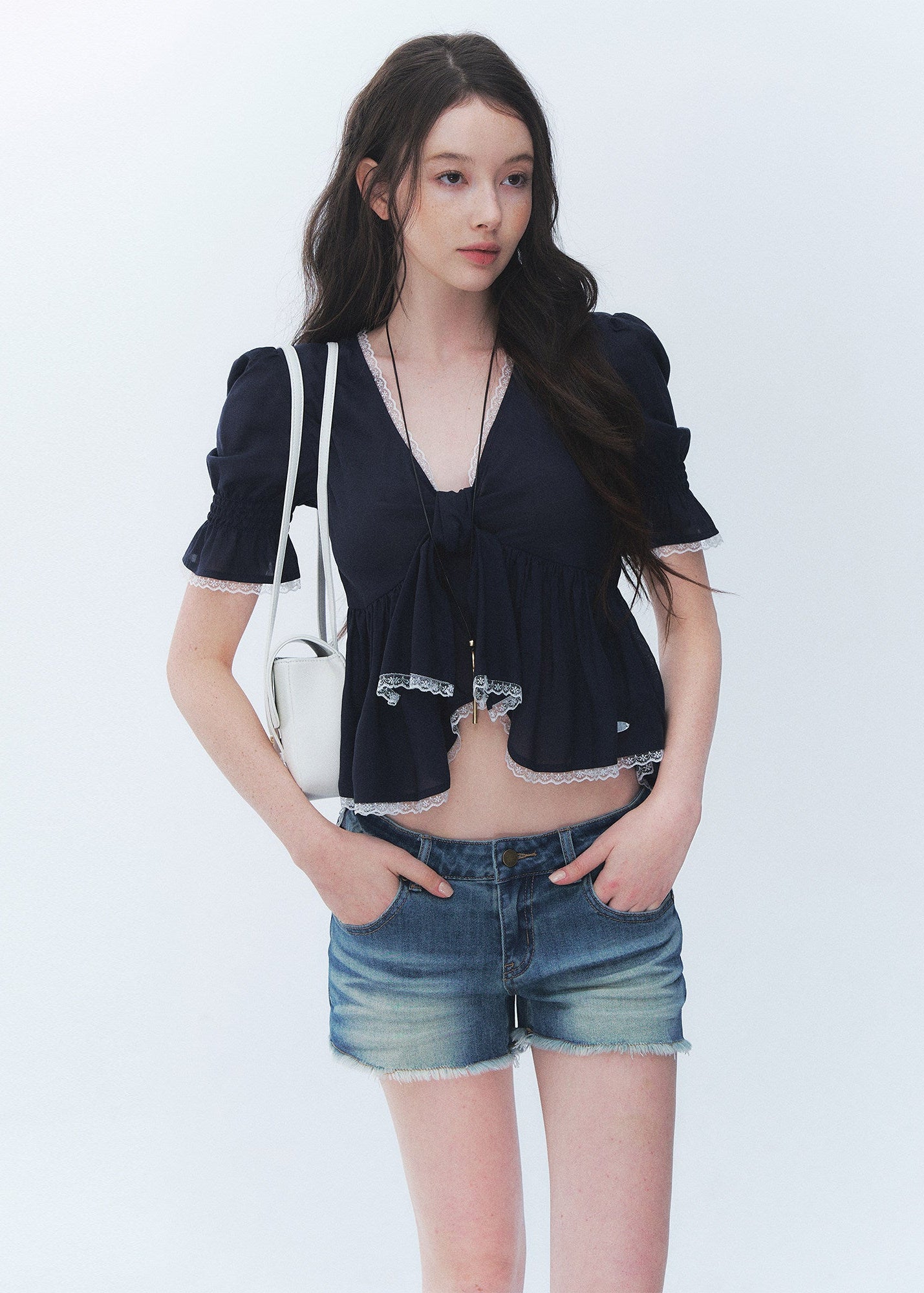 puff sleeve lace top, tie front blouse, French V neck top, Lyocell blouse women, romantic lace trim top, feminine Korean blouse, irregular tie top, soft summer blouse, puff sleeve summer top, elegant casual blouse, cute date outfit top, lightweight feminine blouse, navy lace blouse, French romantic top, dressy casual women top