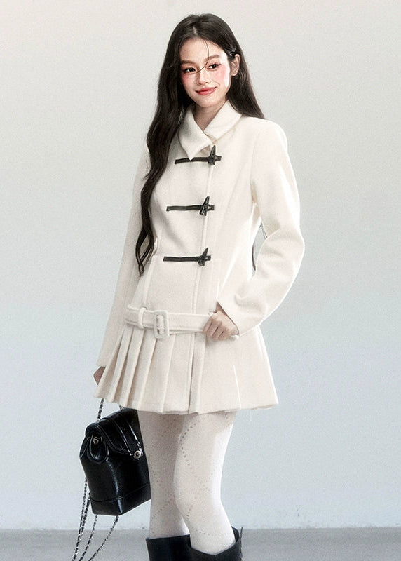 Fragileheart wool coat set, pleated skirt outfit, luxury Korean fashion, horn buckle jacket, fog blue winter coat, ivory tweed ensemble, quiet luxury womenswear, pastel noir aesthetic, elegant two-piece outerwear, K-fashion 2025, structured feminine style, sophisticated winter outfit, belted coat dress, modern romantic fashion
