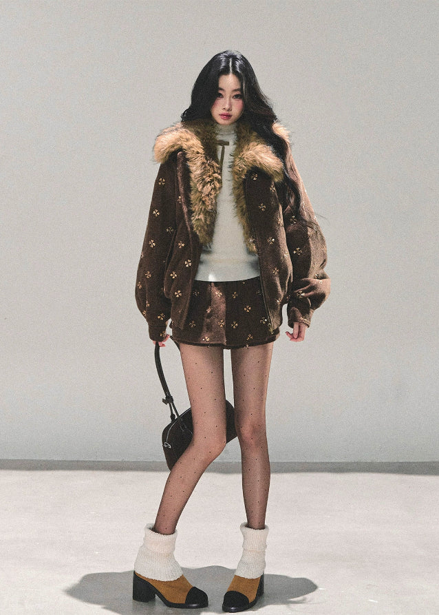 Whisper of Snowfall set, Maillard wool suit, Korean winter outfit, two-piece wool set, faux fur collar jacket, winter skirt set, AOMALM wool outfit, embroidered wool jacket, warm winter coordinates, Korean fashion winter set, cozy jacket and skirt set, feminine winter outfit, stylish wool two-piece, warm Maillard tone outfit, luxury winter clothing, cute winter suit women, Korean style jacket skirt set, soft wool winter wear, brown wool skirt set, fluffy collar winter jacket.