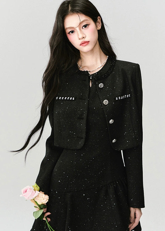 A constellation of refinement — the Noir Étoile Ensemble merges classic Parisian tailoring with Fragileheart’s pastel-noir sensuality. The cropped glitter tweed jacket and sculpted mini dress shimmer with quiet confidence, revealing both softness and strength. Perfect for evenings when sophistication meets modern rebellion.