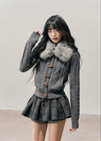 AOMALM cardigan, Korean knit sweater, horn button cardigan, feminine winter sweater, soft Korean style top, cable knit cardigan women, faux fur collar sweater, winter knit jacket women, slim fit knit cardigan, romantic Korean fashion, soft girl winter outfit, vintage button sweater, cozy feminine cardigan, Korean aesthetic clothing, winter layering knit top