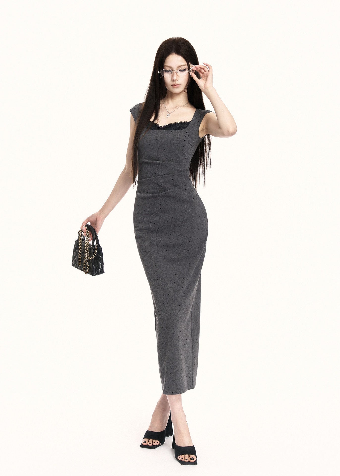 Waist-defined grey-black midi dress