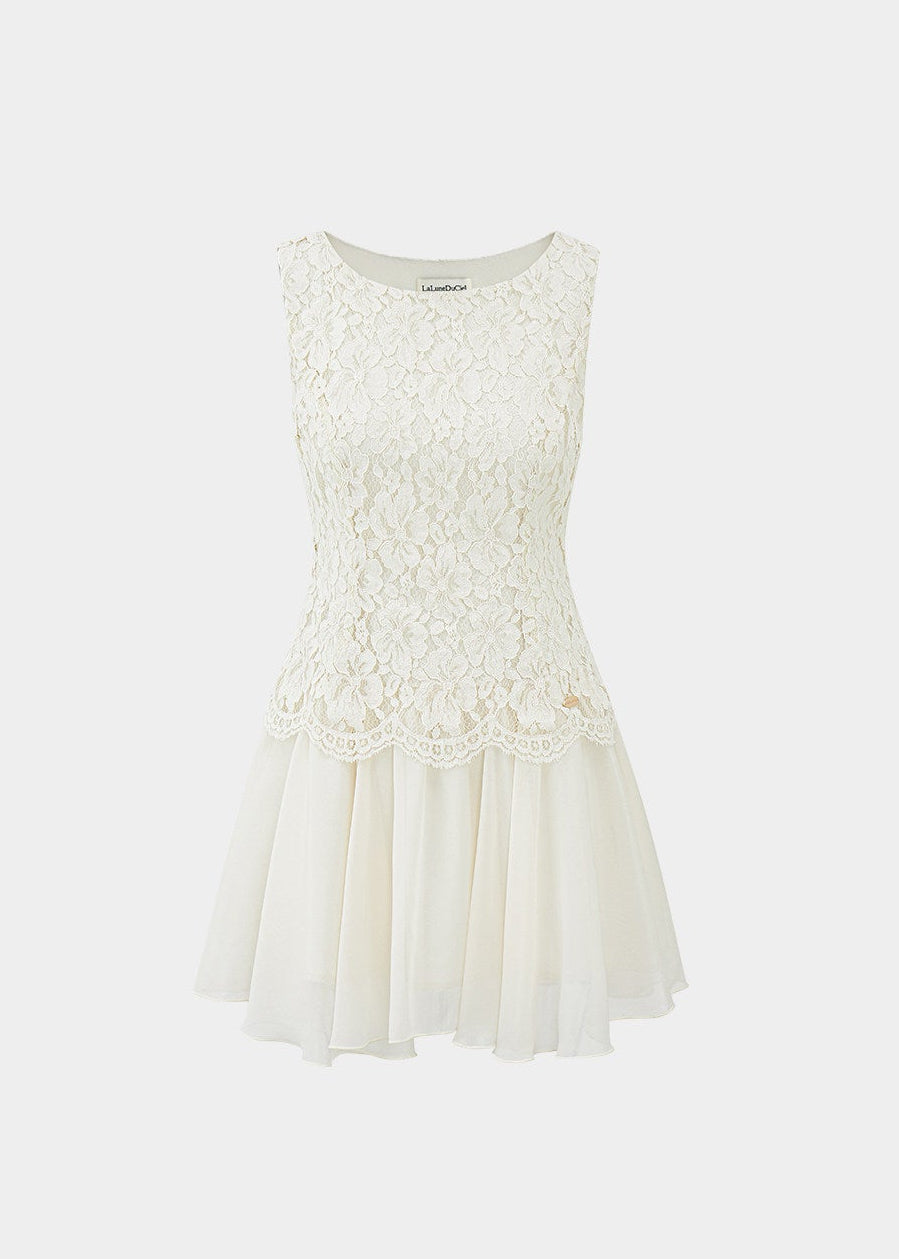 lace chiffon patchwork dress, sleeveless mini dress, A-line mini dress, feminine vacation dress, cream mini dress, romantic lace dress, Korean feminine dress, chiffon mini dress, soft girl dress, resort mini dress, summer date dress, elegant sleeveless dress, lace bodice dress, lightweight summer dress, vacation outfit for women