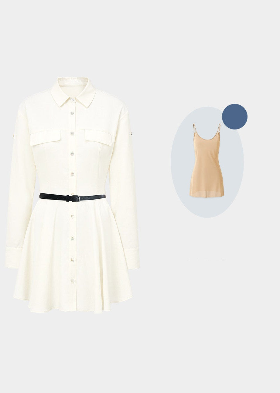 belted shirt dress, French shirt dress, lyocell linen dress, A-line mini dress, feminine Korean dress, button front dress, summer shirt dress, light blue dress, white shirt dress, waist cinching dress, elegant casual dress, vacation dress women, café date dress, soft summer dress, Korean feminine fashion