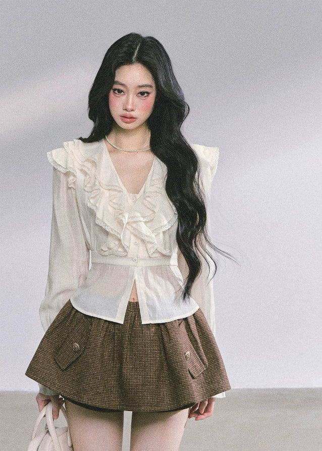 high end french blouse, lace ruffle top, v neck lace shirt, autumn korean fashion top, slimming ruffle blouse, elegant lace blouse women, korean romantic style shirt, vintage frill top women, chic feminine blouse, aesthetic korean outfit top